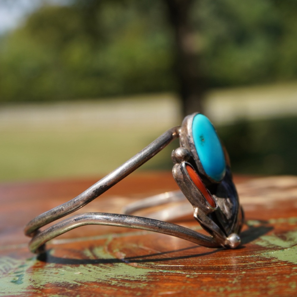 Vintage Red Coral & Turquoise Sterling Silver Cuff - Picture 14 of 16